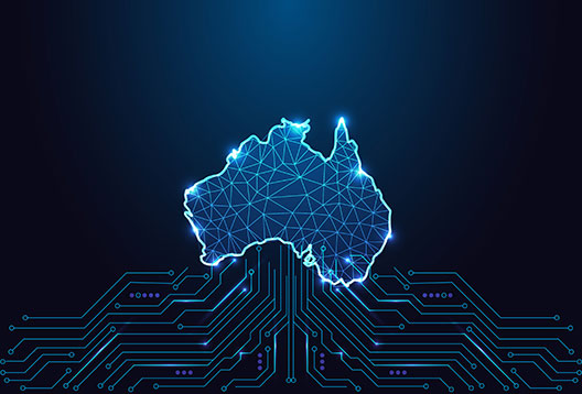 A graphic of the outline of Australia lits up in blue against a dark background, with foreground network connections