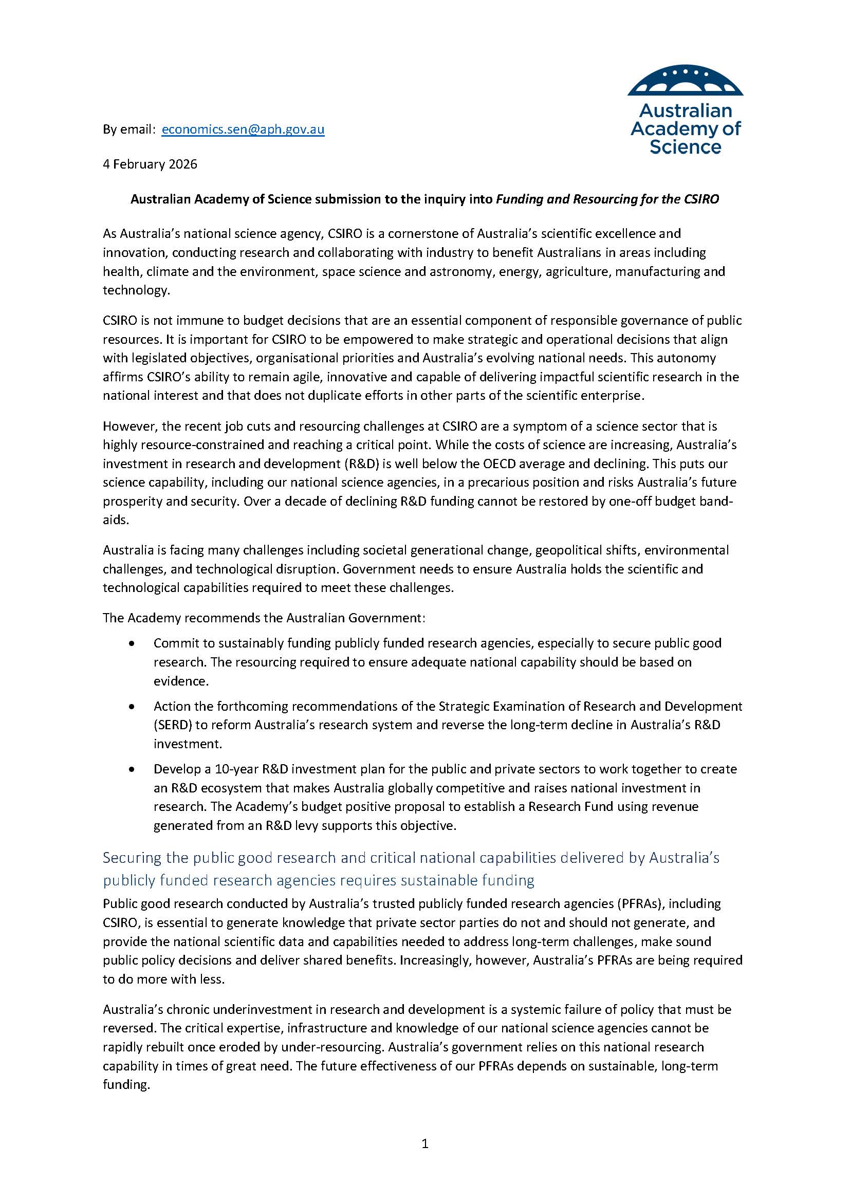 Submission to the Inquiry into Funding and Resourcing for the CSIRO