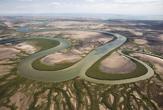 Aerial view of the Norman River flowing towards the Gulf of Carpentaria in far north Queensland.