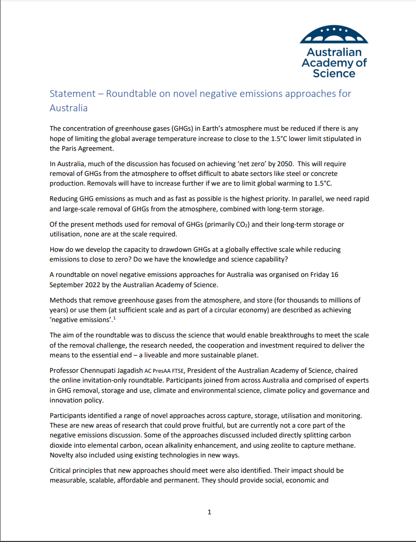 Statement – Roundtable on novel negative emissions approaches for Australia